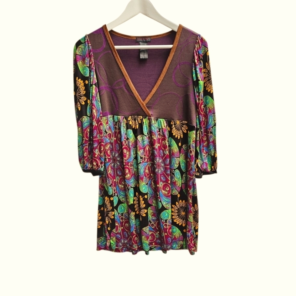 Custo Barcelona Multicolor V-Neck Women's Top, Boho Hippie Style, Size Small